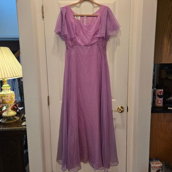 Vintage 70s Chiffon Gown FullLength Maxi Short Flutter Sleeved Scoop Neck Purple - Picture 1 of 9